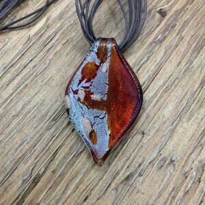Murano Style Glass Teardrop Pendant Orange Multi Strands Leather Cord Necklace